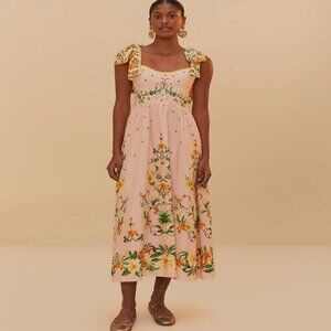 Farm Rio Pink Botanical Beauty Shoulder Bow Fit & Flare Midi Dress Womens Size L